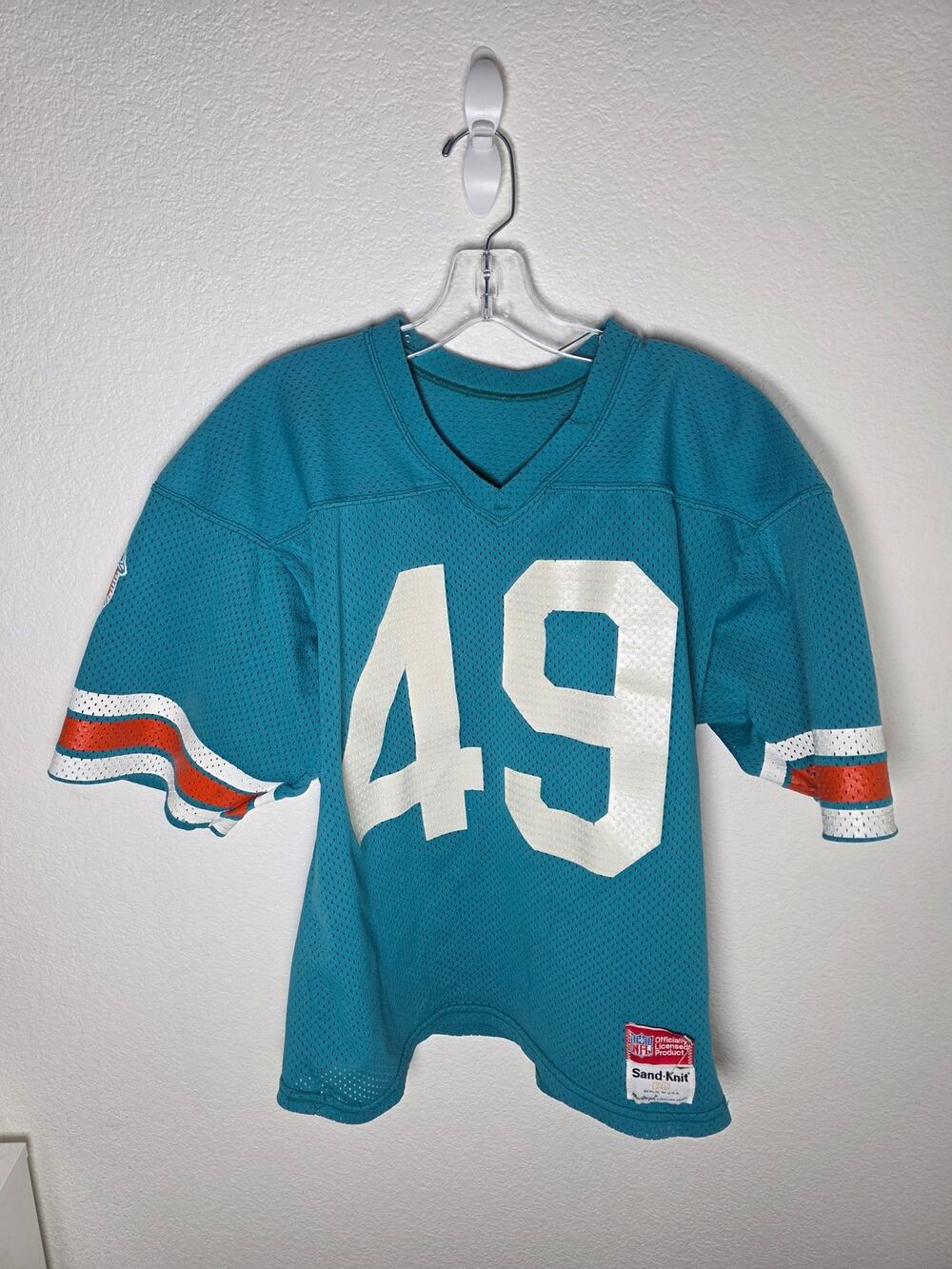 Vintage 80s Sand-Knit Miami Dolphins Football Jersey Youth Lg USA Made Aqua #49